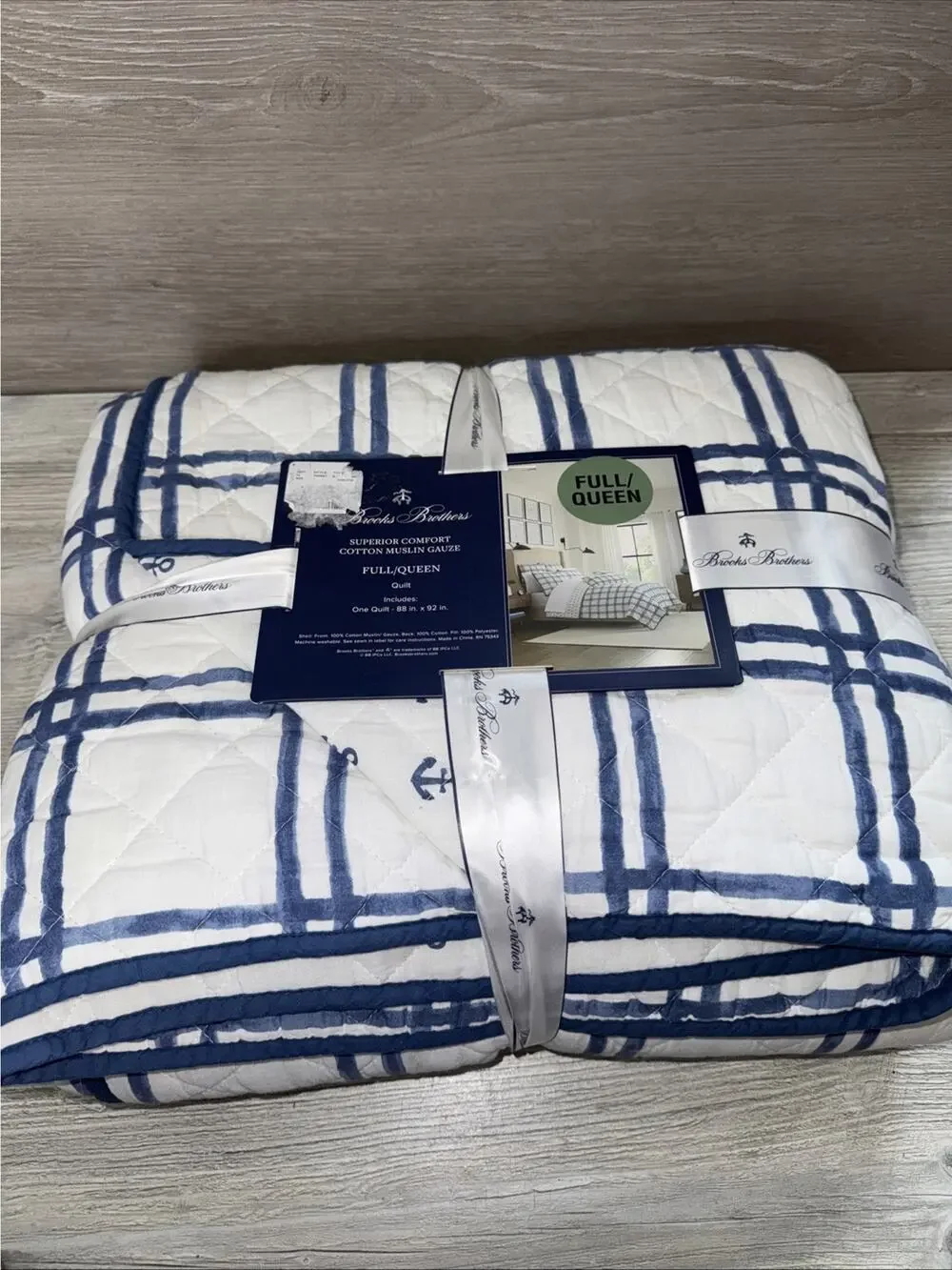 ✨New Brooks Brothers Blue White Anchor Full/queen Quilt Set Muslin Gauze